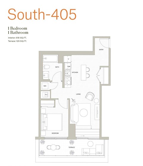 Floor plan for 1 bed, 1 bath, 617 sqft